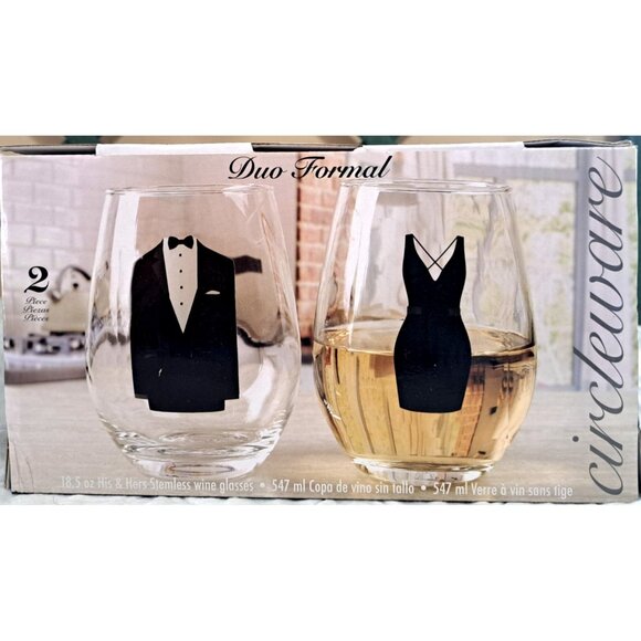 Circleware Duo Formal 18.5 ounce His & Hers Stemless Wine Glasses New in Box - Picture 4 of 5